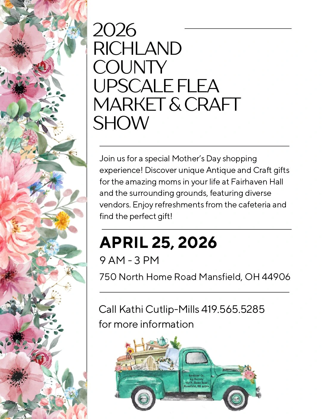 Richland County Upscale Flea Market featuring unique antiques and craft gifts. April 25th, 2026 9 AM - 3 PM